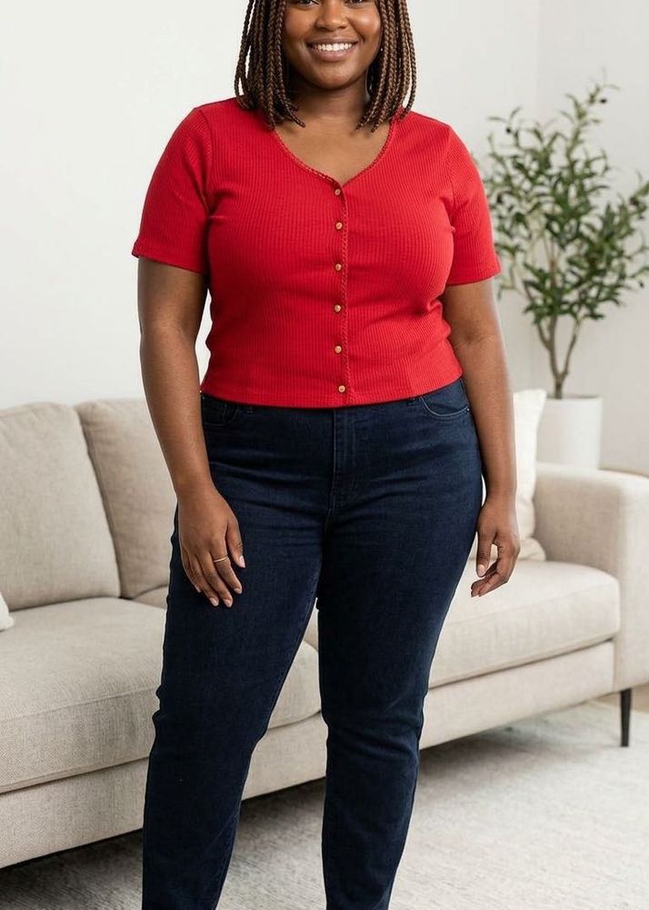 Sassafras Red Button-Up Ribbed Top