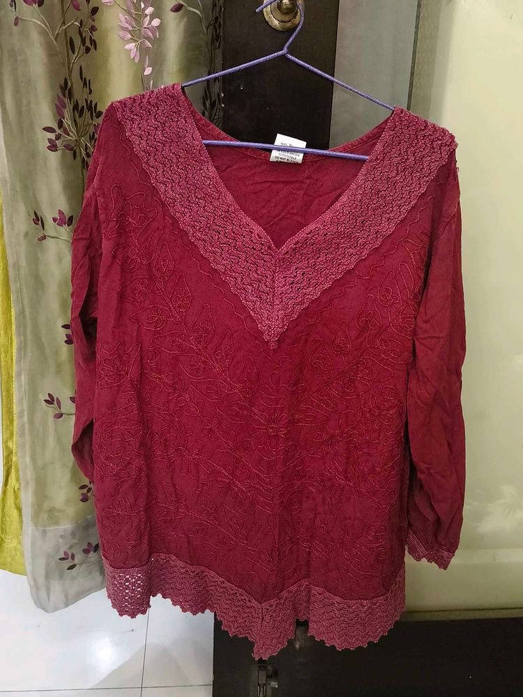 Maroon Embroidered Kurta