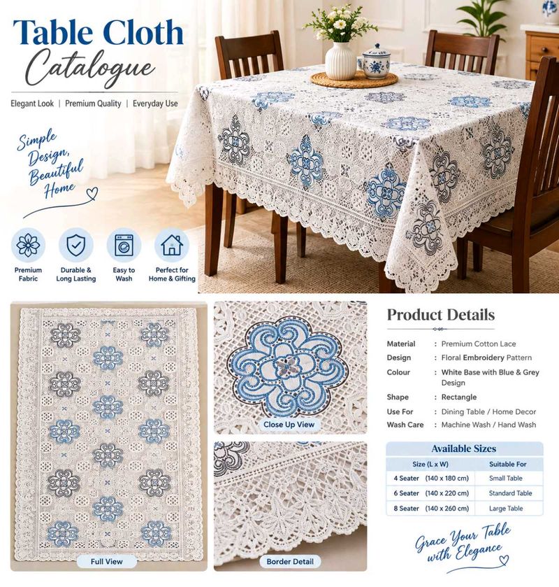 Elegant Lace Tablecloth - Blue &amp; Grey Floral