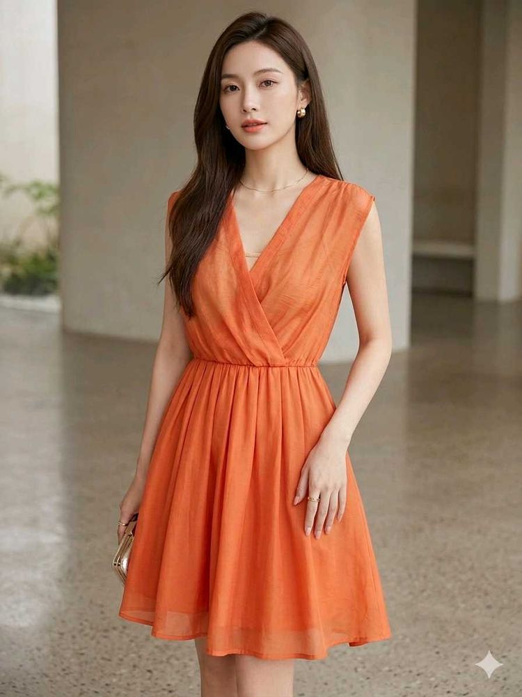 Orange V-Neck Fit &amp; Flare Mini Dress