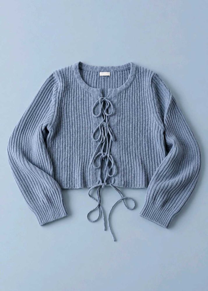 BLUE RIBBED LACE-UP CROPPED KNIT TOP