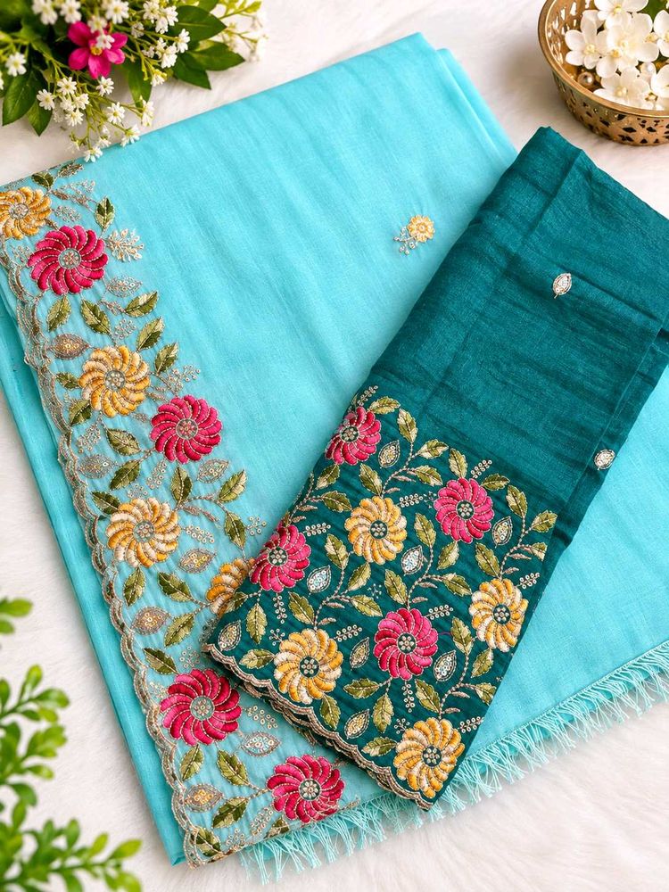 Stunning Blue Saree with Floral Embroidery