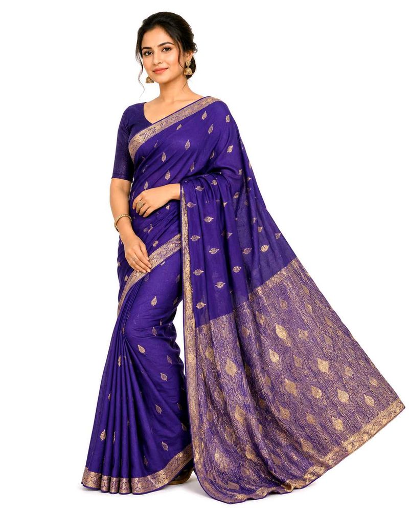 Purple &amp; Gold Detailing Saree Dupatta Scarf 5.5Mtr