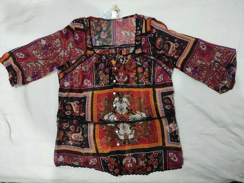 Boho Patchwork Print Sheer Blouse