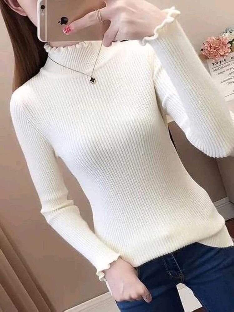 Ribbed White Turtleneck Top