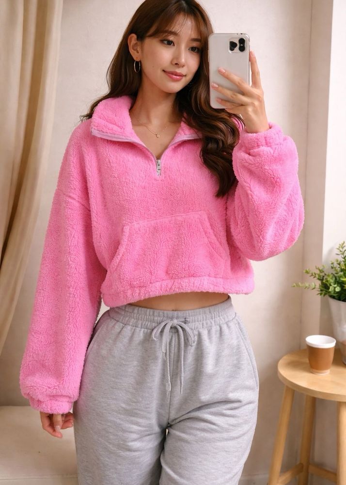 Pink Fuzzy Cropped Pullover