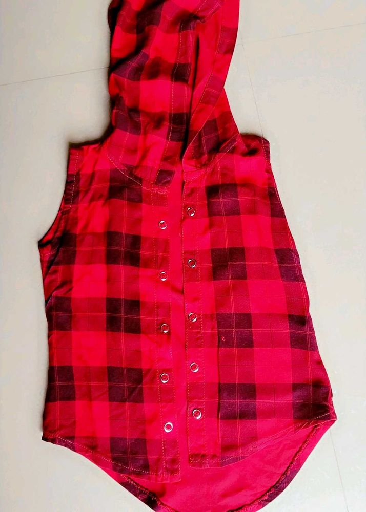 Red Plaid Sleeveless Hooded cotton jacket