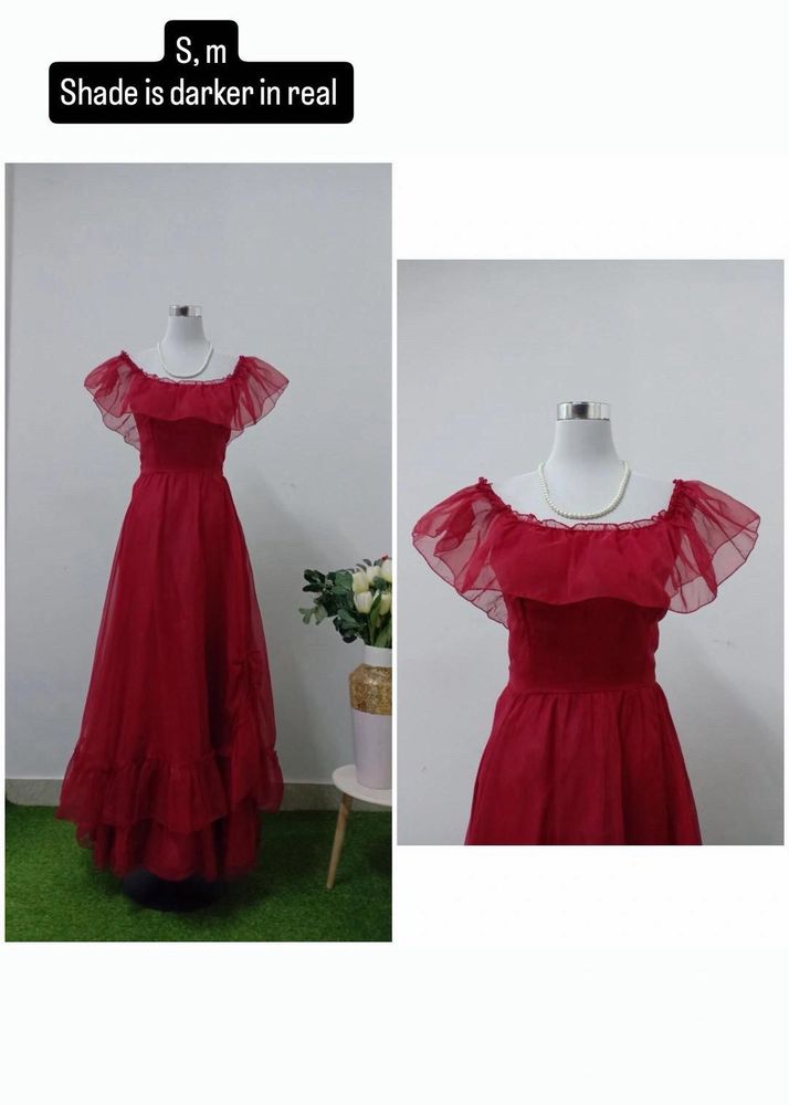 Elegant Red off shoulder Ruffled Gown
