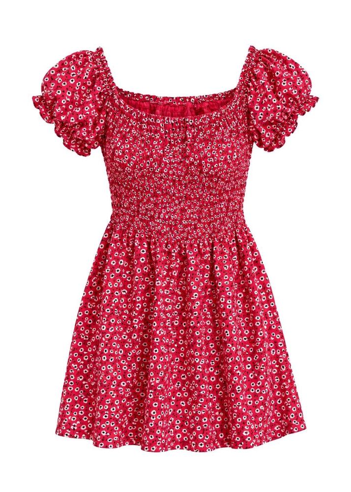 Red floral mini dress with a cute, feminine fit.