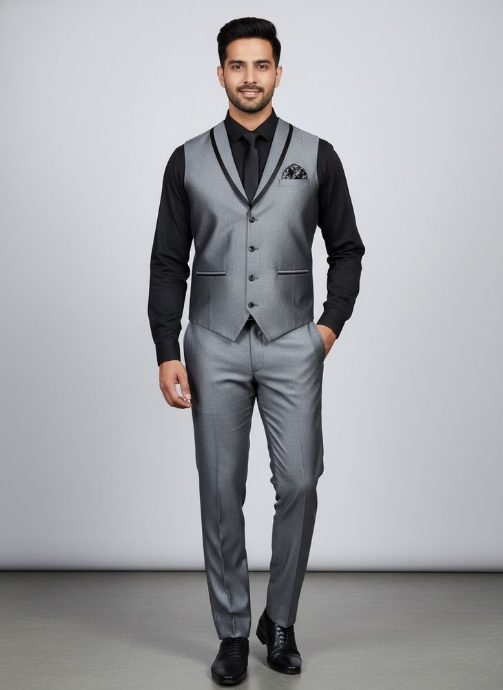 Men Grey Printed Vest 3 Piece Set