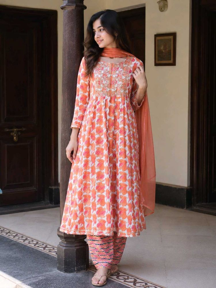 Orange Floral Print Kurta Set with Dupatta