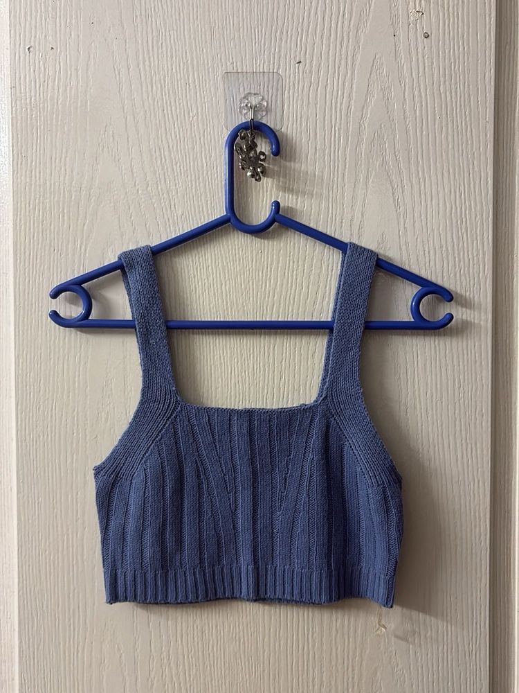 Blue Ribbed Square Neck Crop Top