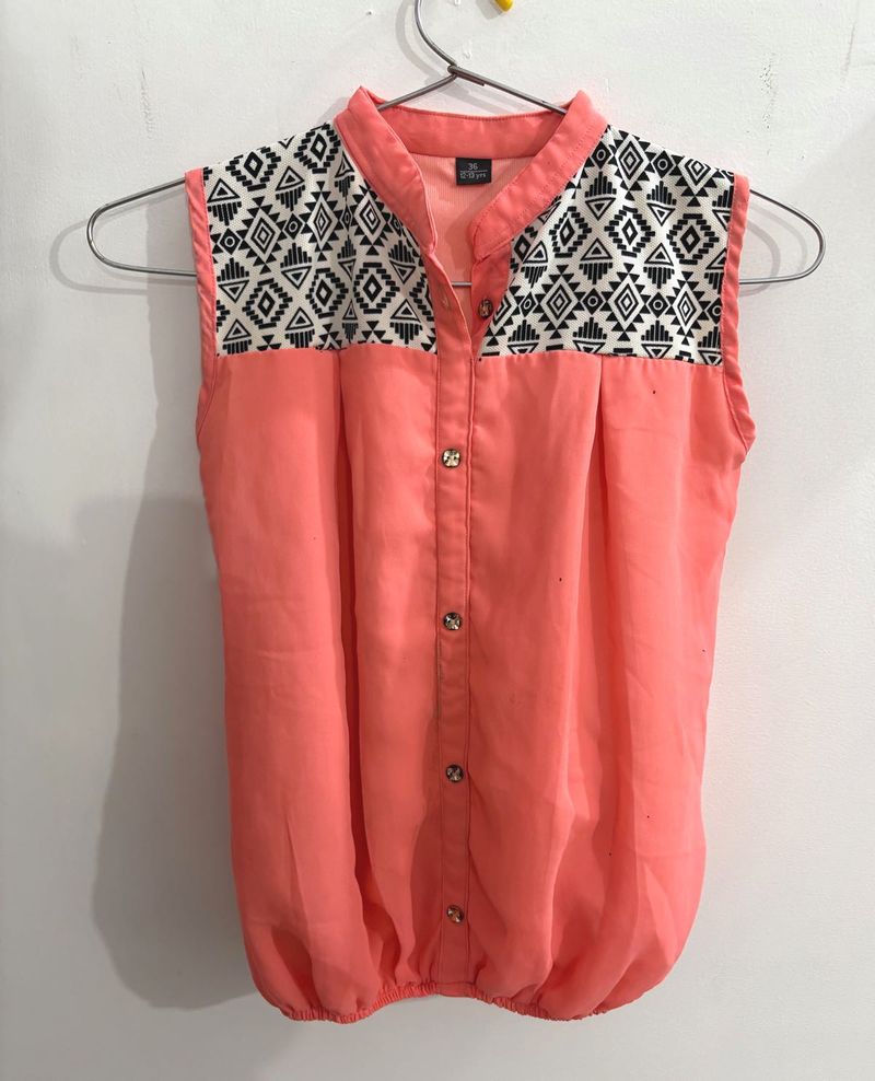 Coral Top with Geometric Print Yoke