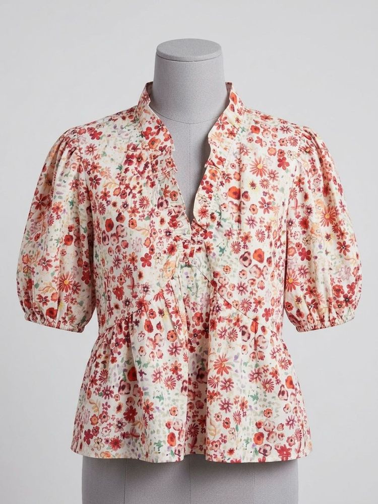 Floral Print V-Neck Puff Sleeve Top