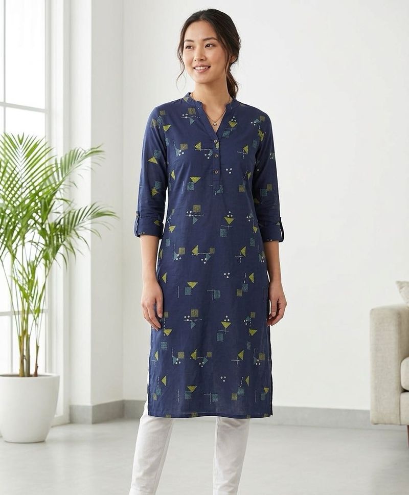 Navy Blue Geometric Print Kurta