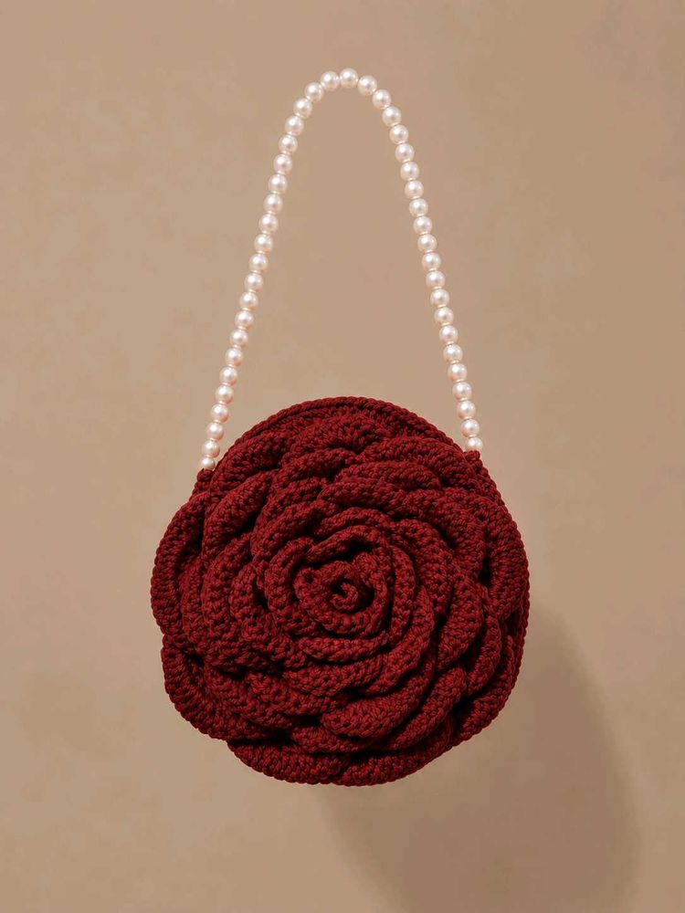 Chic Rose Crochet Clutch with Pearl Handle