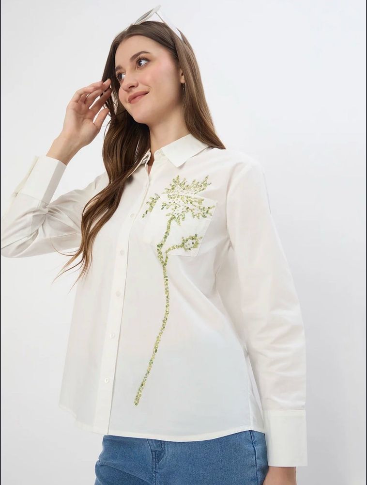 Chic White Embroidered Button-Up Shirt