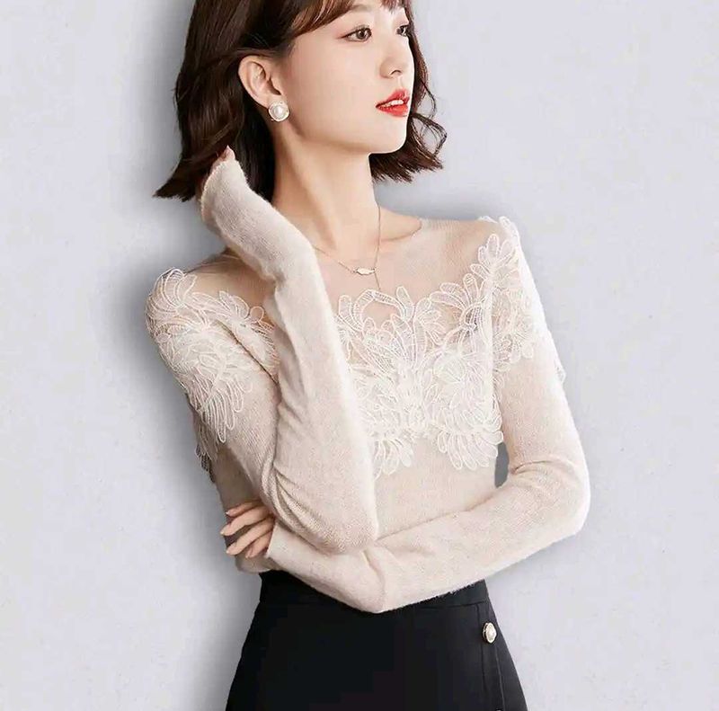 Elegant Lace Trim Sheer Long Sleeve Top