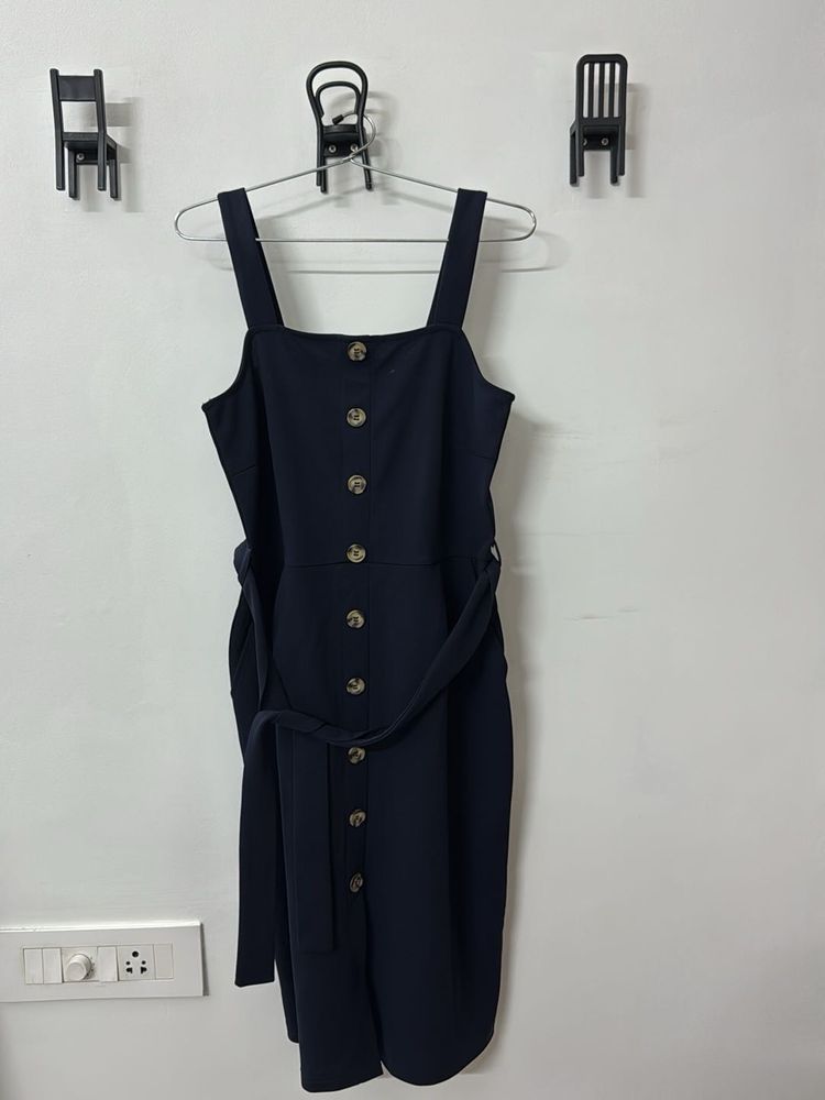 Navy Button-Up Midi Dress with Belt