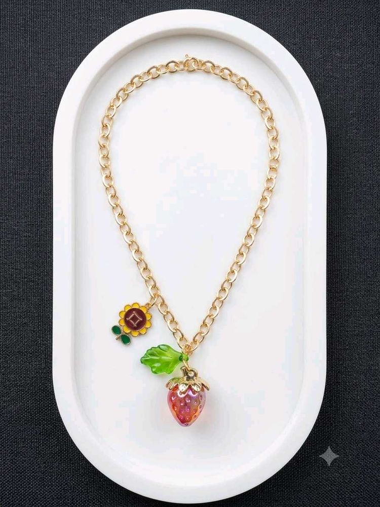 Cute Strawberry &amp; Flower Pendant Necklace
