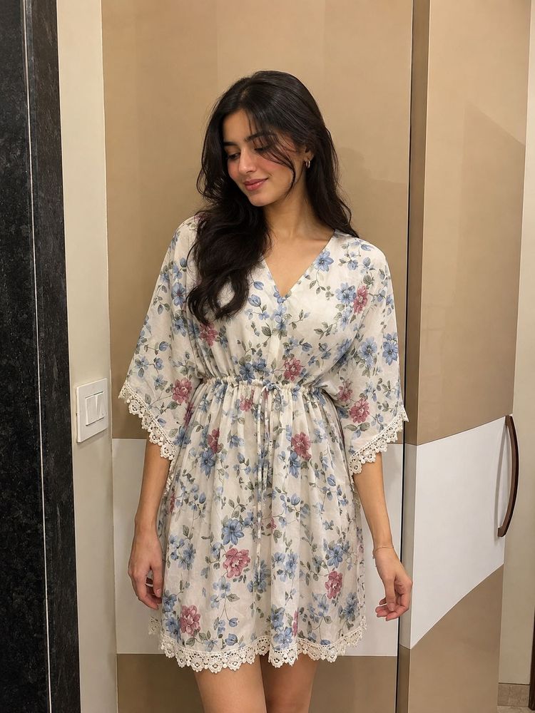 Floral Print Kaftan Dress with Lace Trim