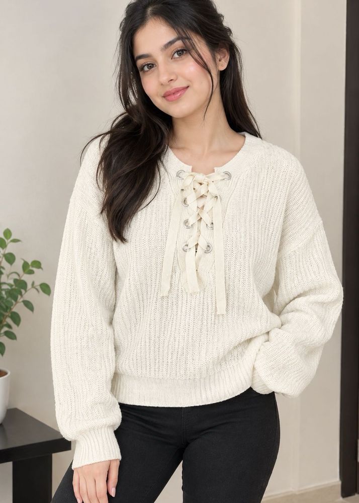 Cream Lace-Up Knit Sweater
