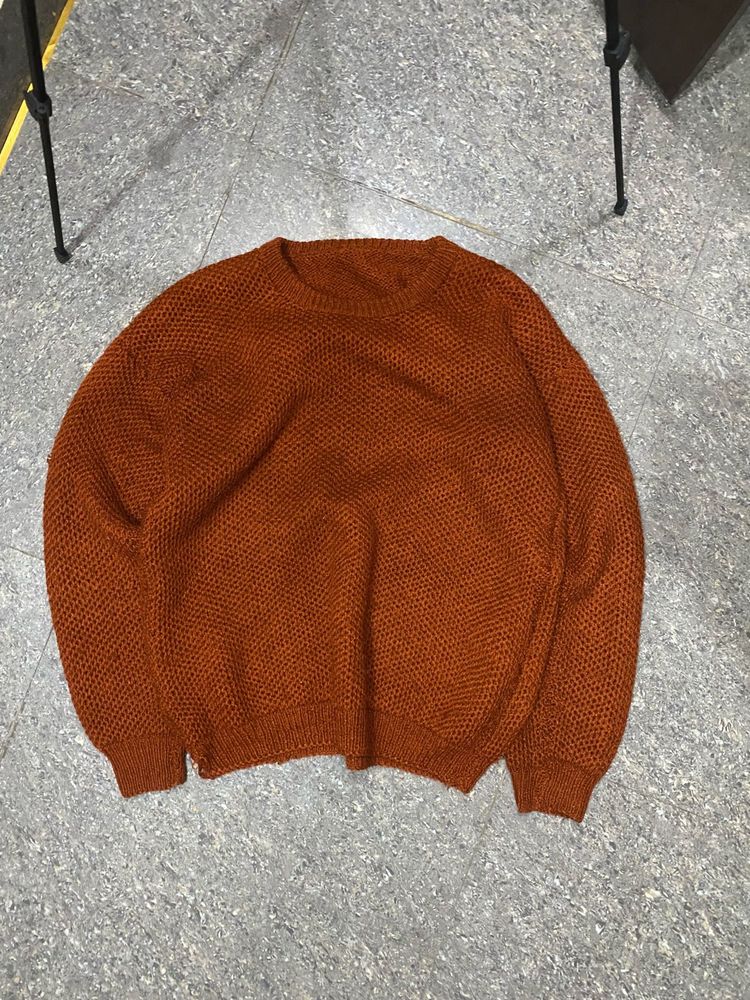 🧶 Hand-Knitted Rust Brown Textured Knit Sweater