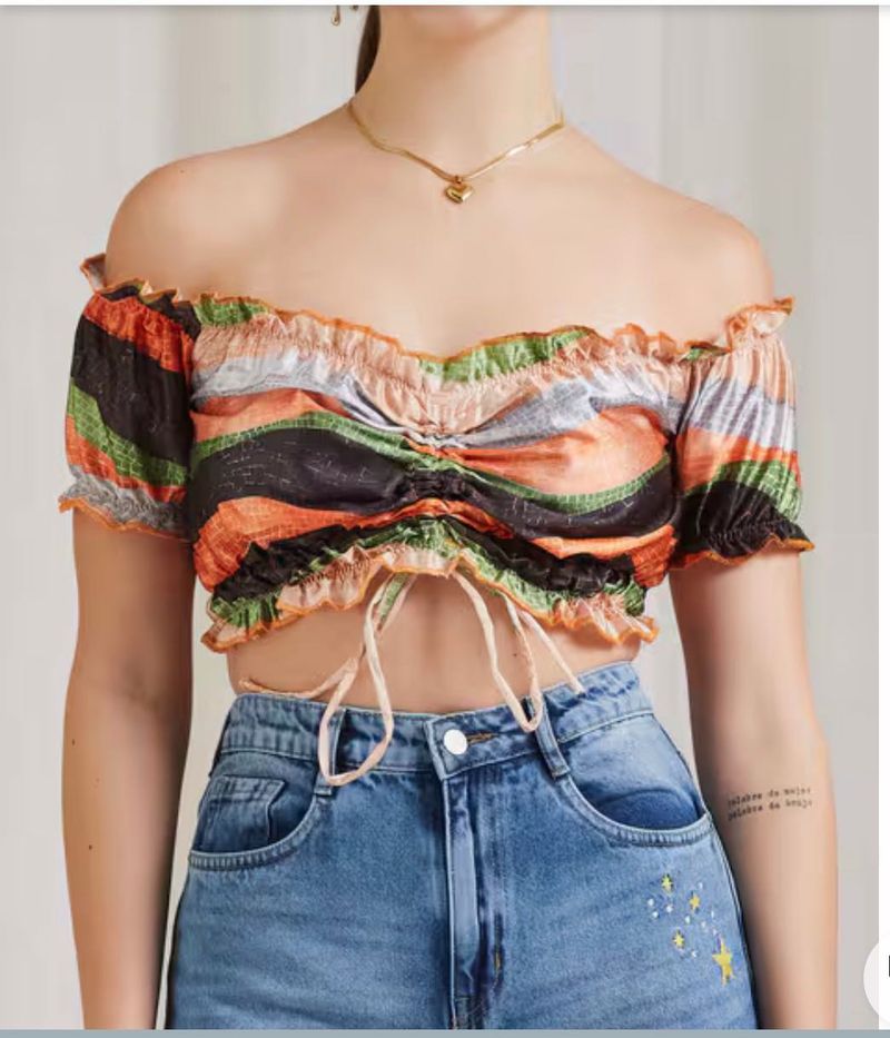 Colorful Off-Shoulder Ruched Crop Top