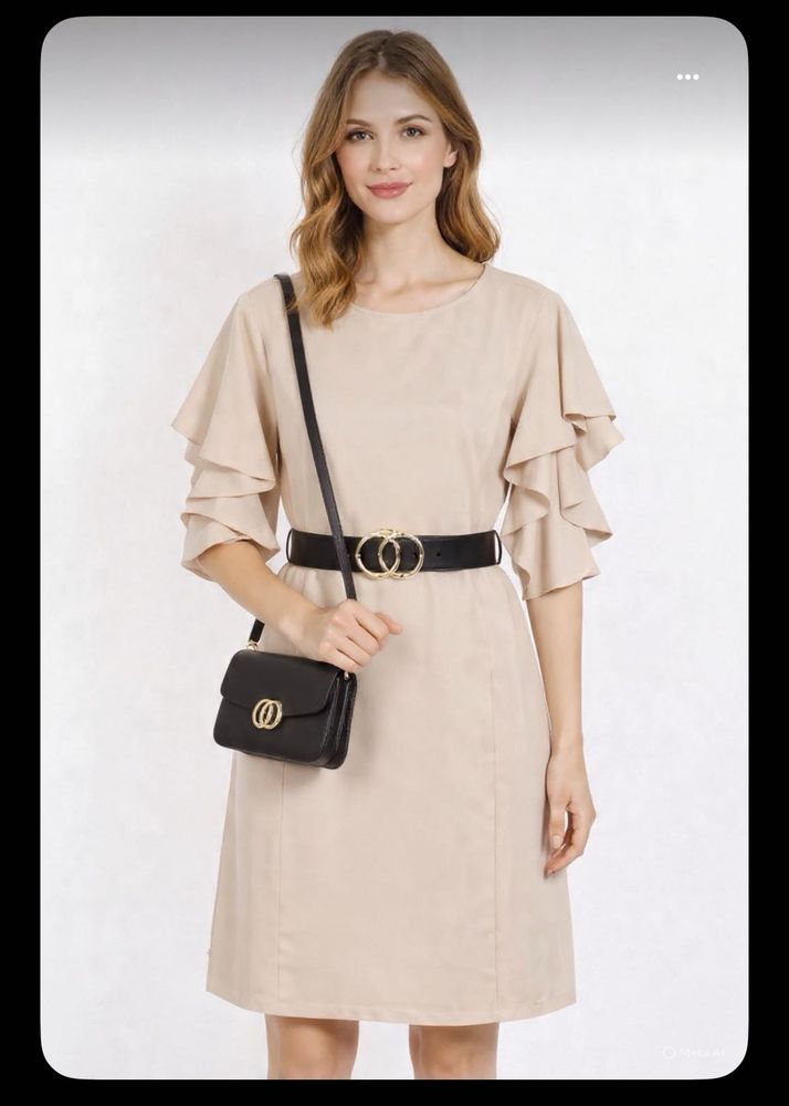 Chic Beige Ruffle Sleeve Dress