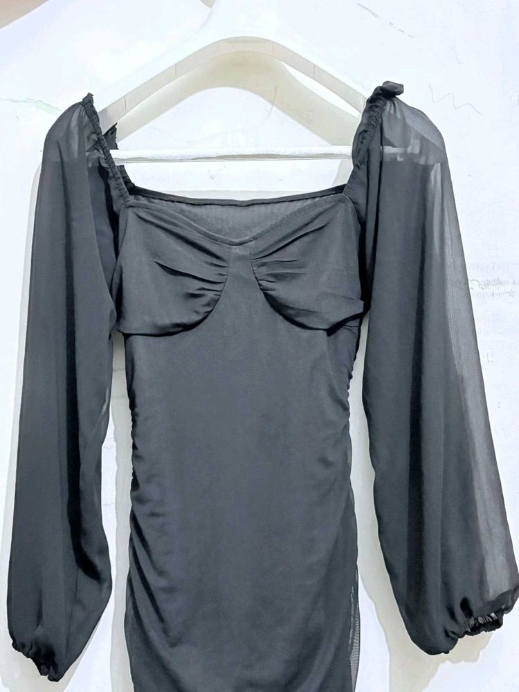 Chic Black Ruched Sheer Sleeve Dress