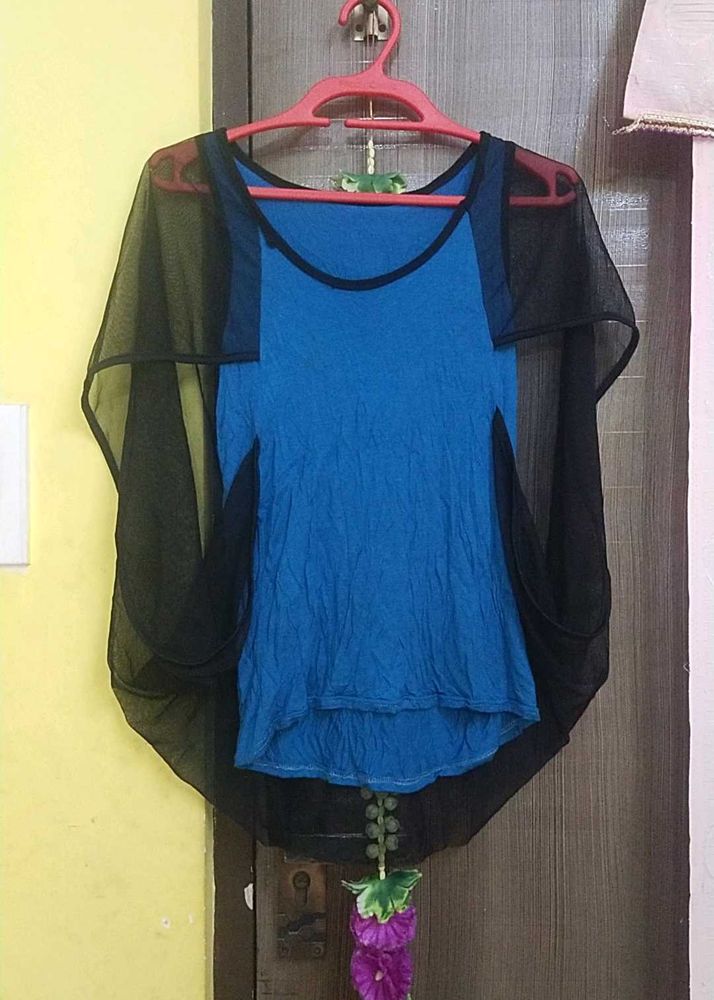 Blue Top with Sheer Overlay