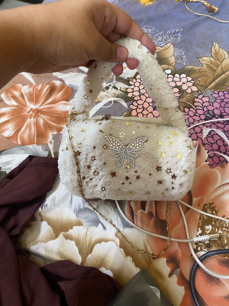 Cute  Fur Handbag with Butterfly