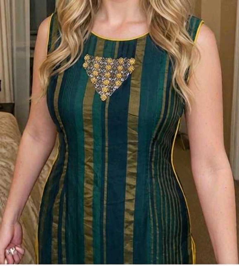 Green &amp; Gold Striped Kurta with Embellishment