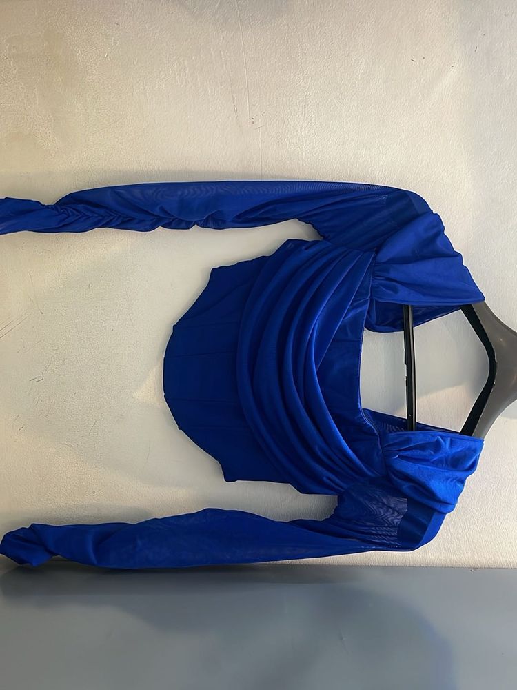 Stunning Blue Ruched Mesh Top