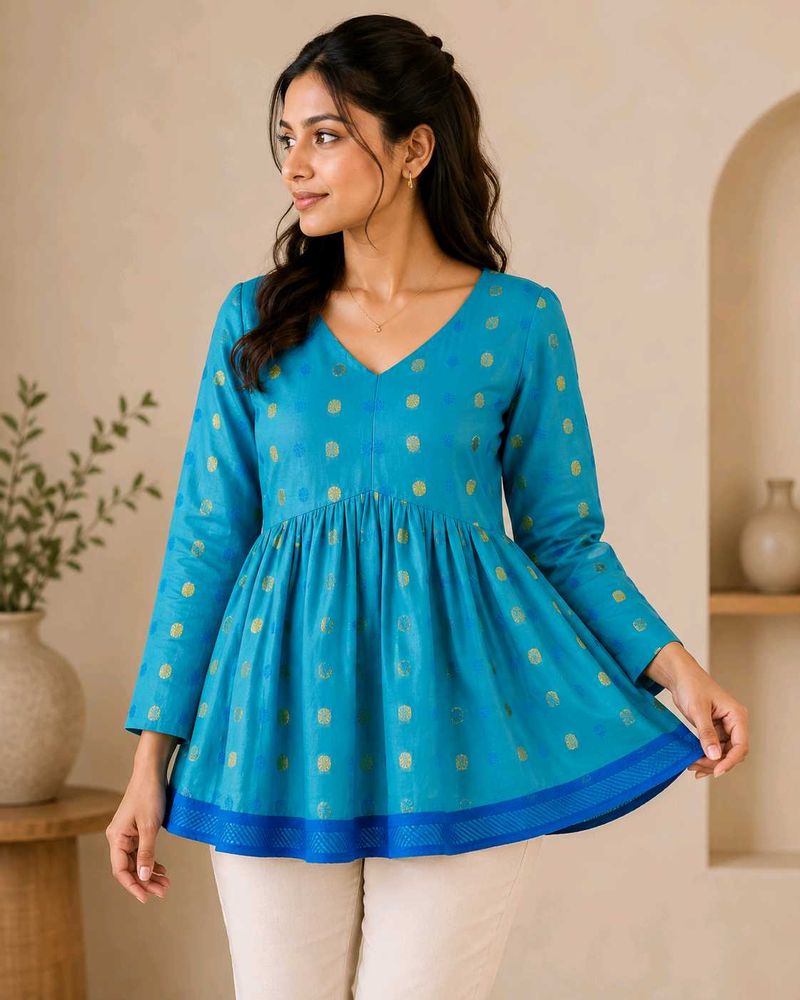 Beautiful Blue Kurta with Gold Polka Dots