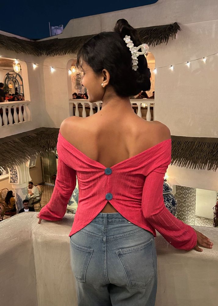 Trendy Pink Off-Shoulder Top with Button Detail