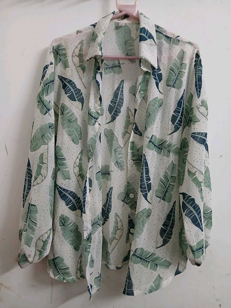 Chic Leaf Print Sheer Blouse