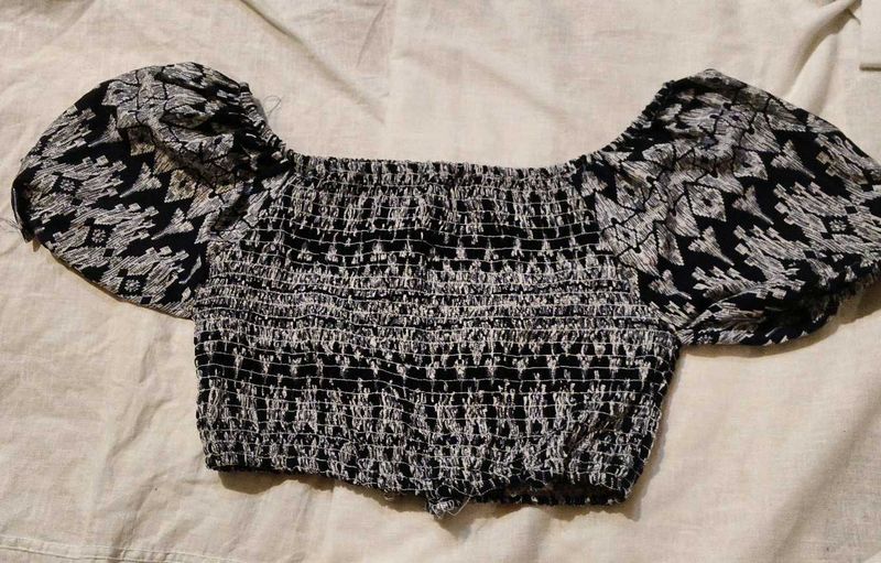 Black &amp; White Smocked Off-Shoulder Top