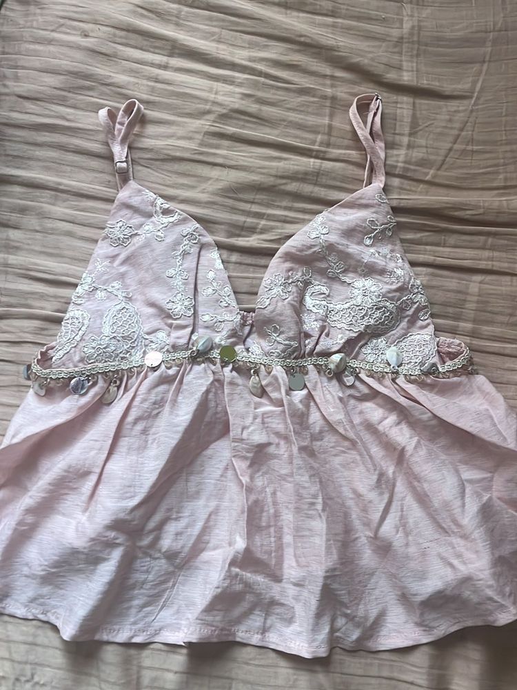 Boho Chic Pink Embroidered Crop Top