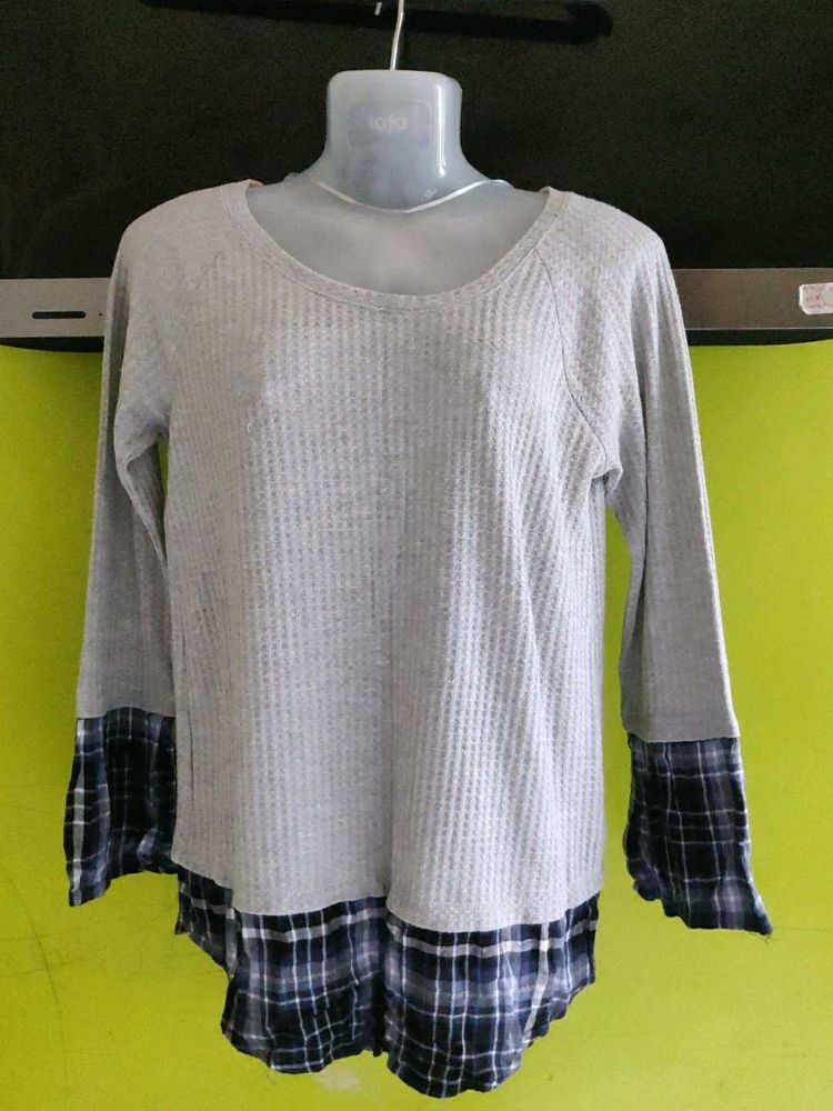 Gray Waffle Knit Tunic with Plaid Trim