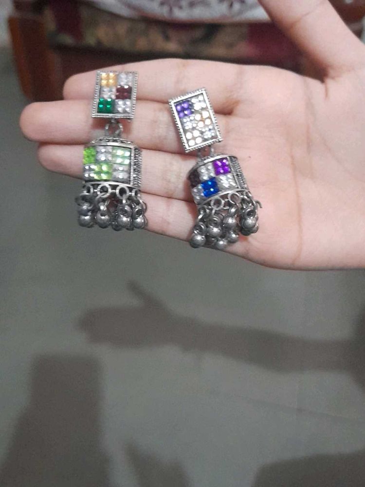 Beautiful Jhumka Earrings with Colorful Stones