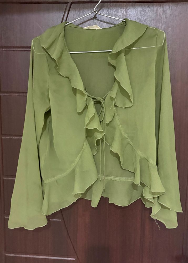 Sheer Ruffle Tie-Front Blouse