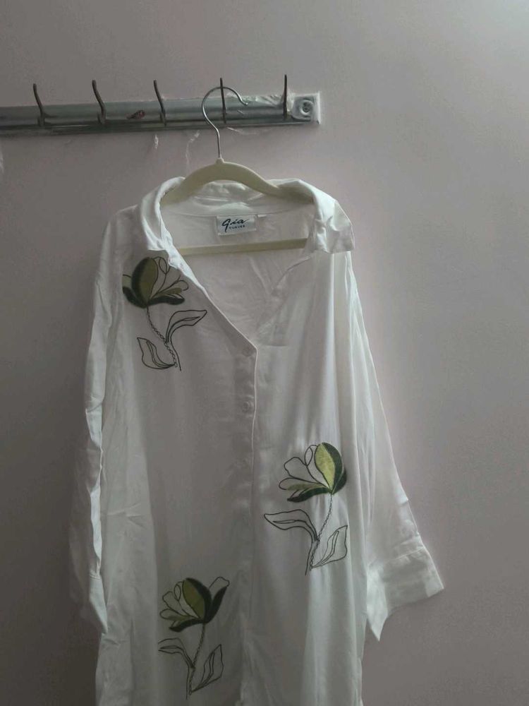 White Floral Embroidered Button-Down Shirt