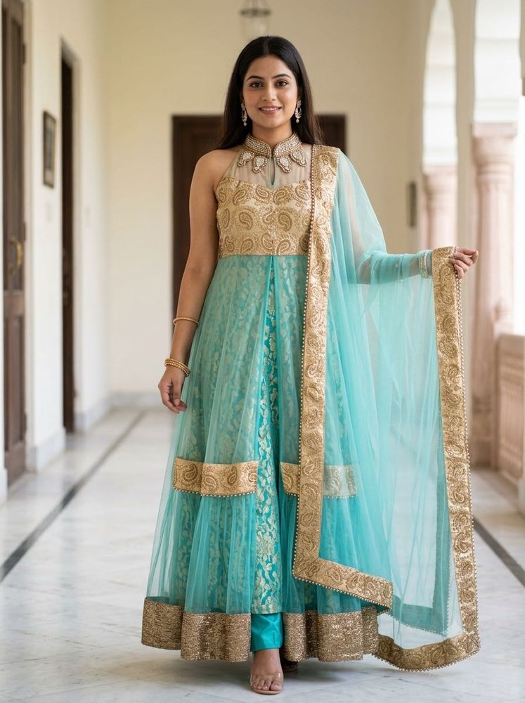 Stunning Teal &amp; Gold ethnic gown Set