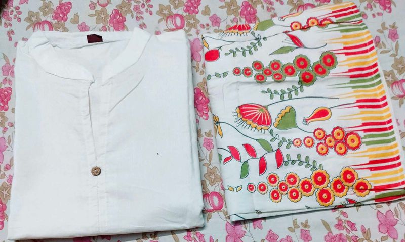 White khadi Kurta with Floral Pants