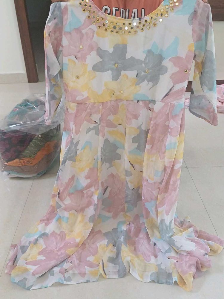 Floral Print Ethnic Gown with Embellished Neckline