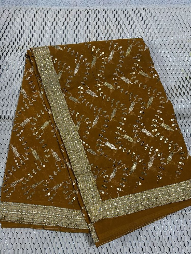 Brown Sequin Saree with attached blouse Piece