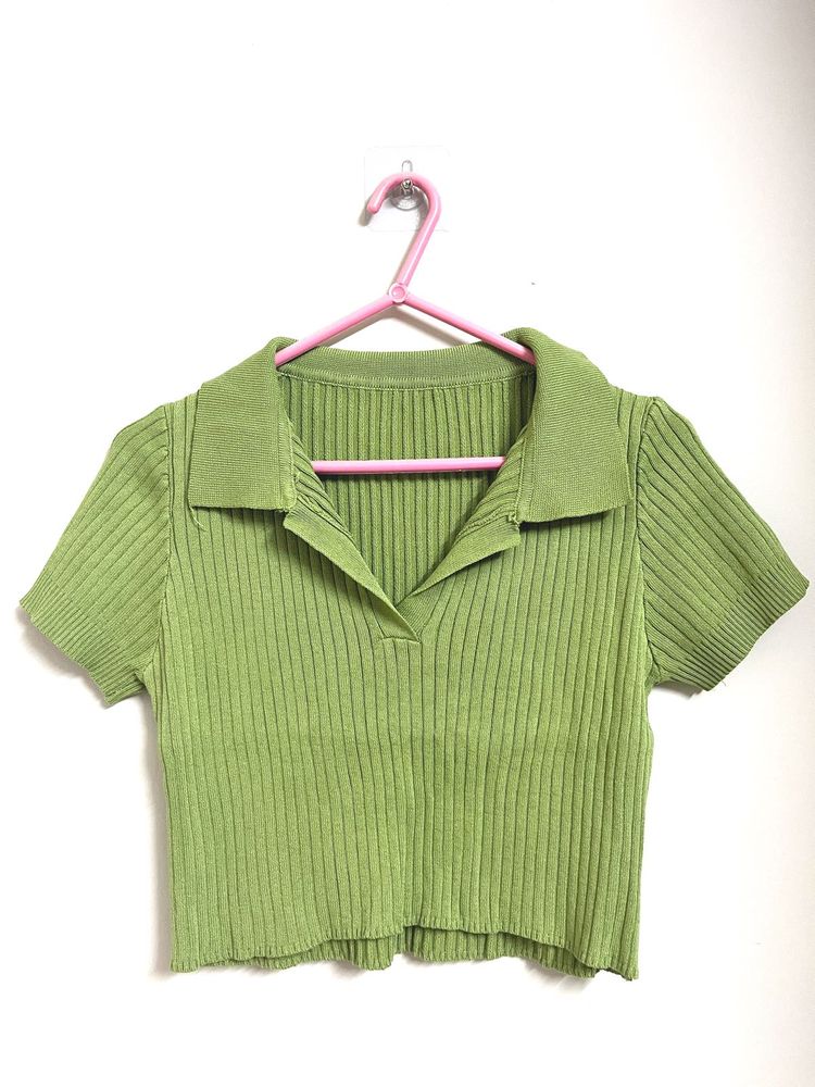 Green Ribbed Polo Crop Top