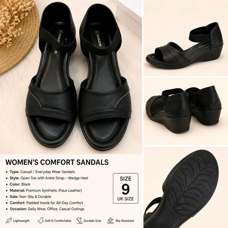 Khadim Women's Black Comfort Wedge Sandals