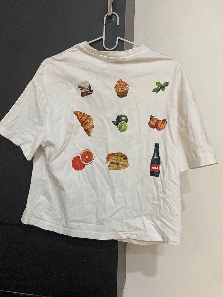 White Graphic T-Shirt with Food Prints
